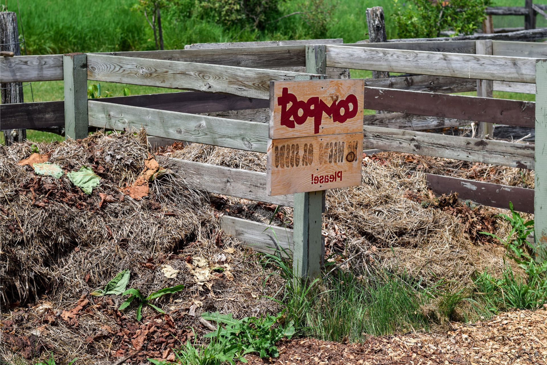 Small wooden sign with red graffiti in a mulched garden area by a fence and grass.