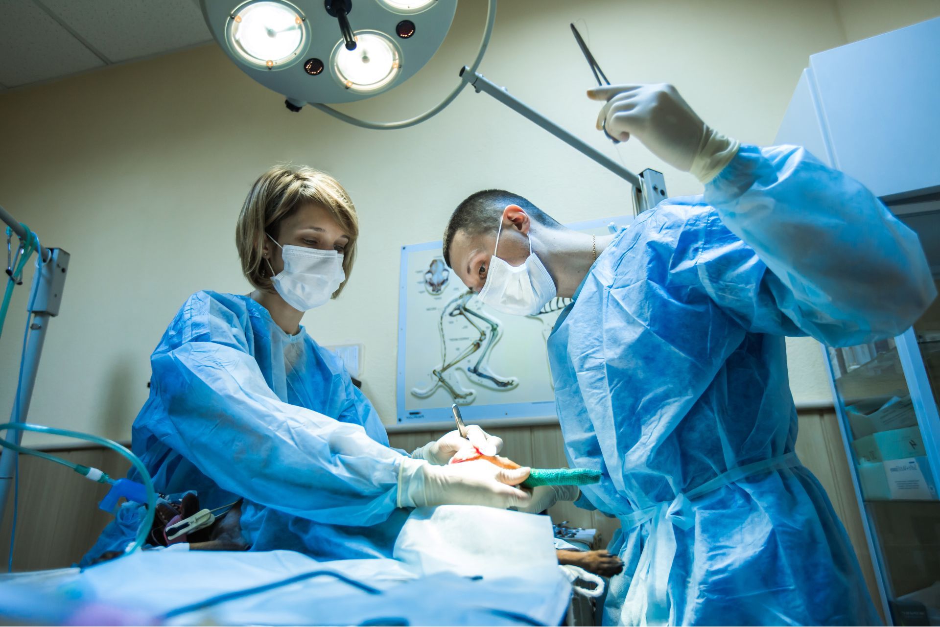 Surgeons in blue scrubs and masks perform an operation under bright operating room lights.