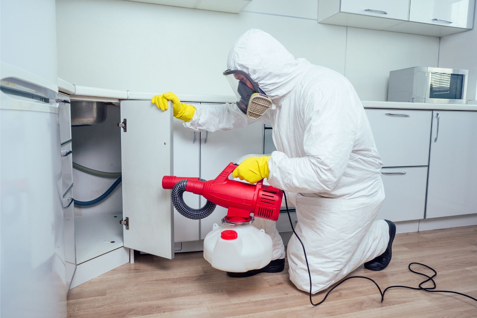 Person in protective suit spraying disinfectant in a kitchen cabinet area