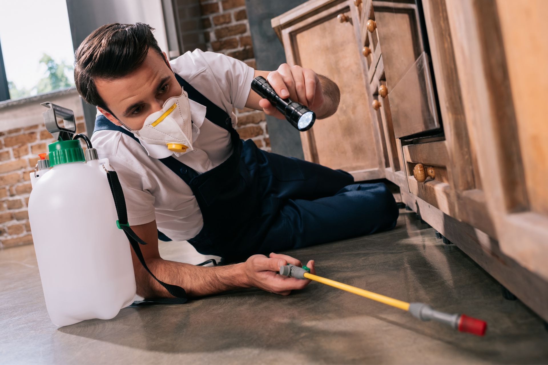 Pest control worker in mask spraying treatment under a kitchen cabinet near a white tank