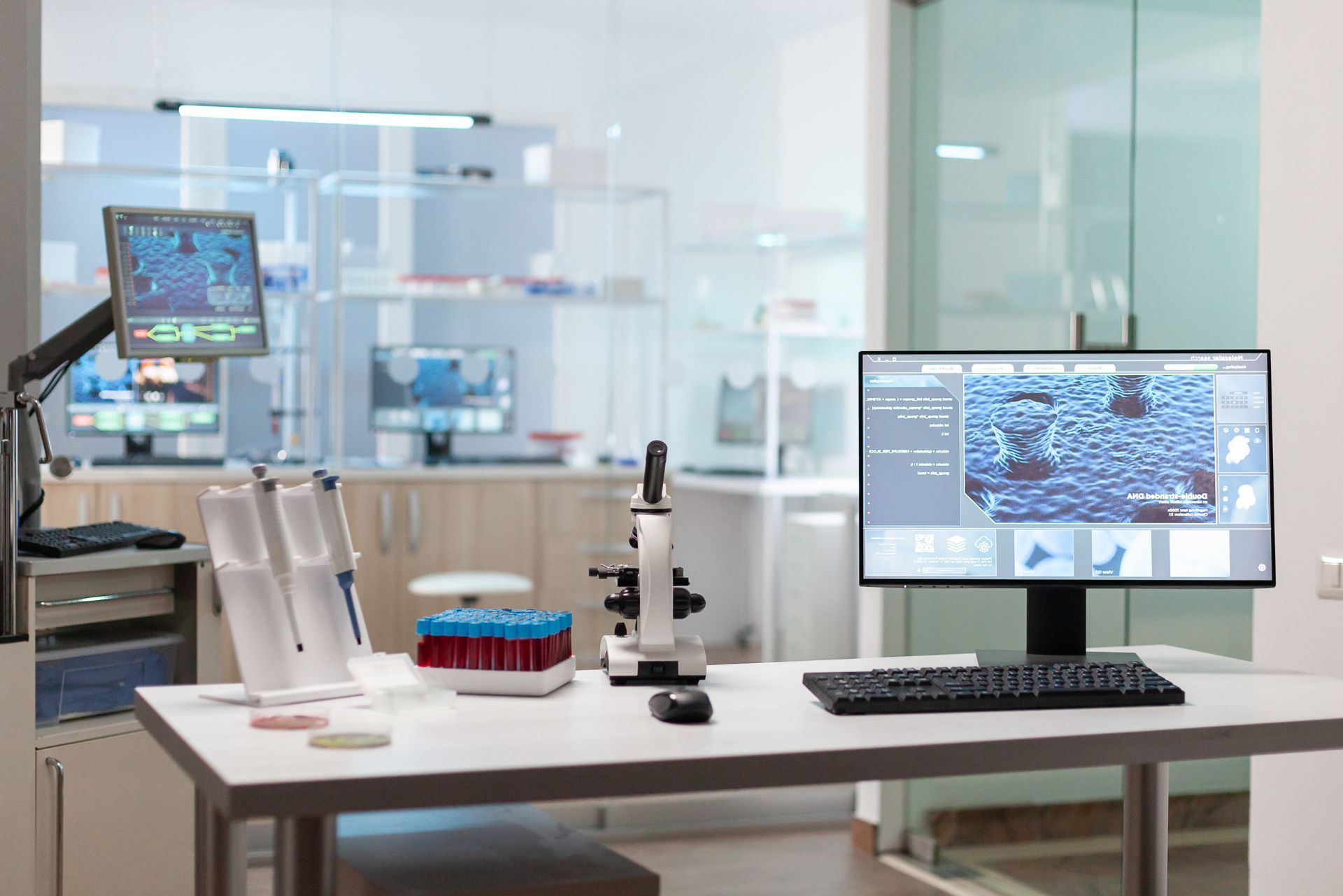 Modern lab bench with microscope, samples, and monitors in a bright glass-walled laboratory