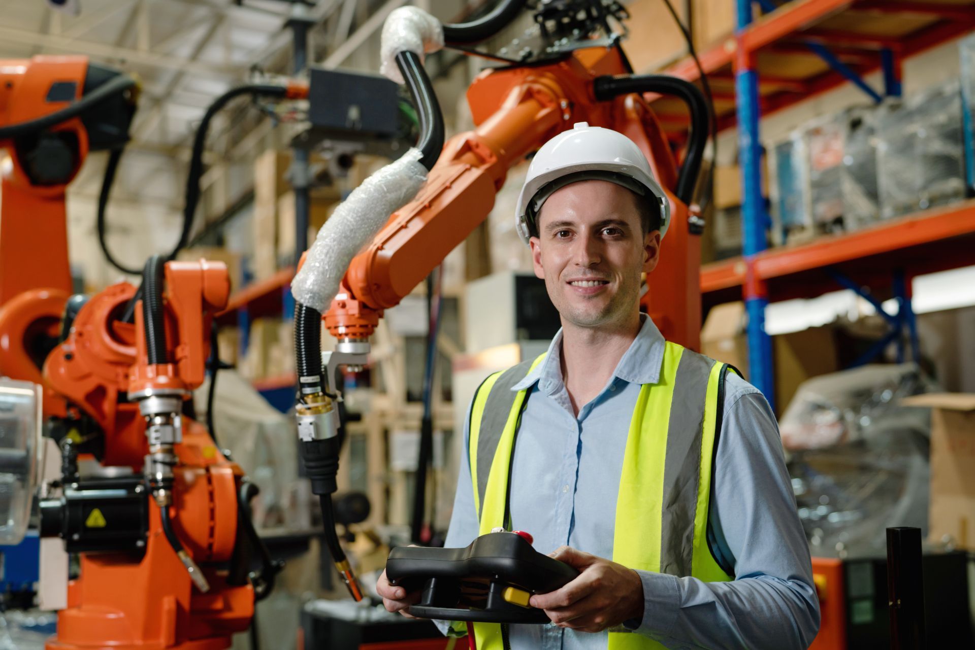 A smiling worker in a hard hat and safety vest holds a robotic control unit in a warehouse with orange robotic arms.