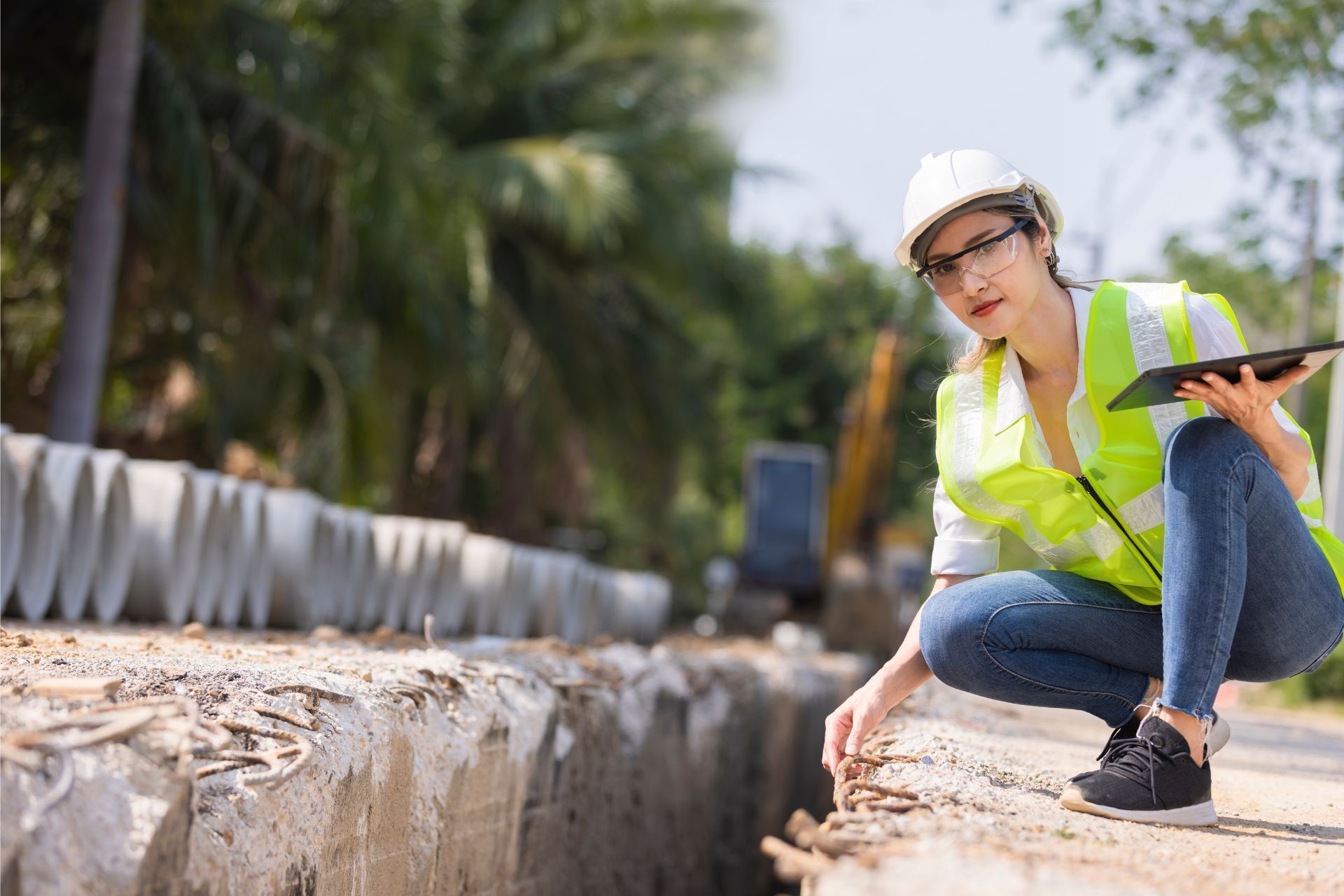 Surveyor in a hard hat and safety vest crouches beside a roadside trench, inspecting soil with a tablet