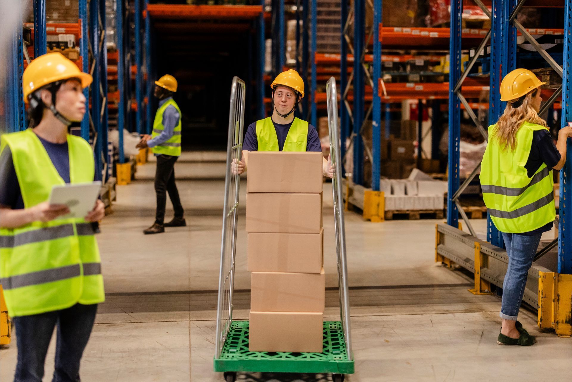 Warehouse workers in yellow safety vests and hard hats moving boxes on a warehouse floor