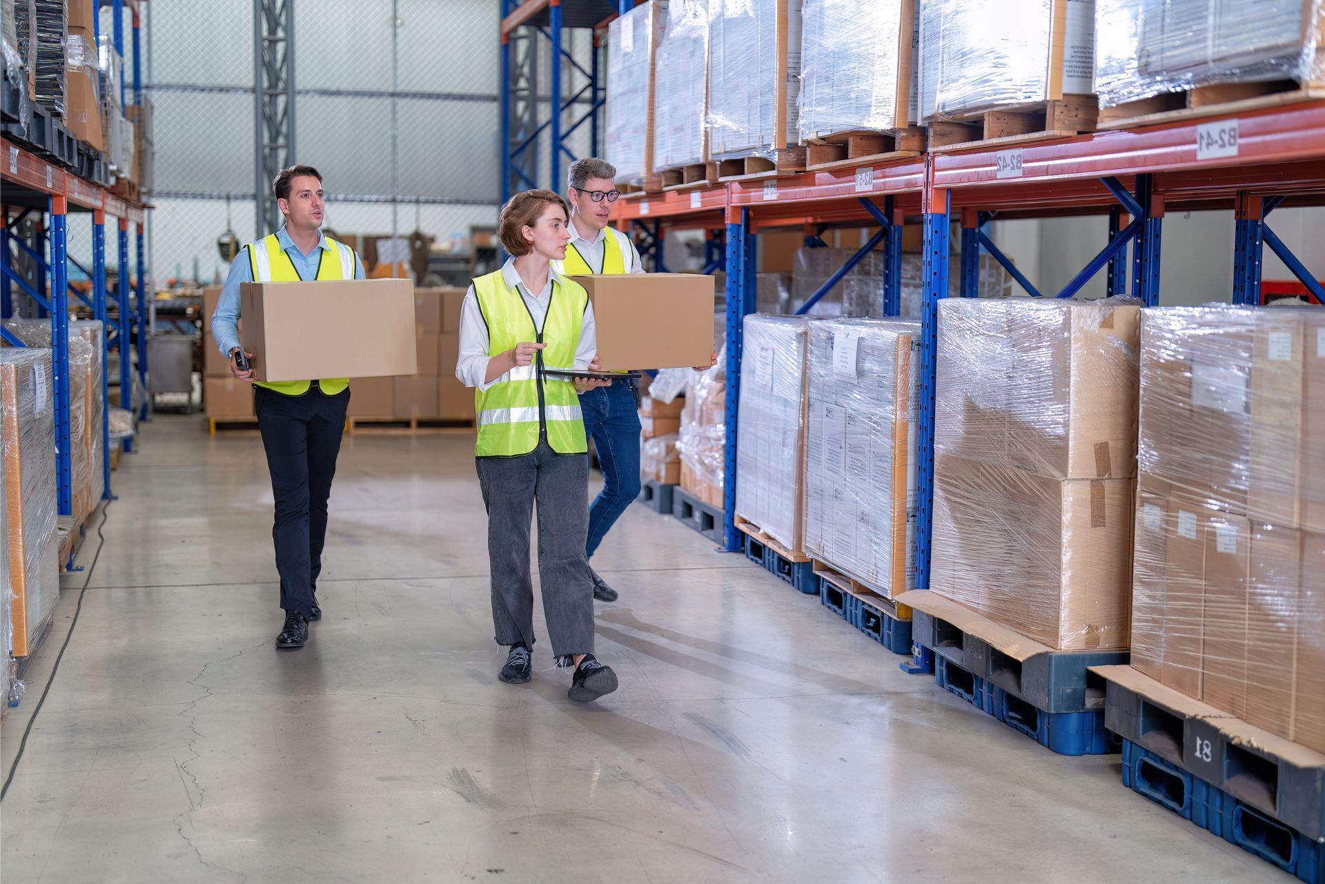 Two warehouse workers carrying boxes in an aisle with stacked pallets and shelving