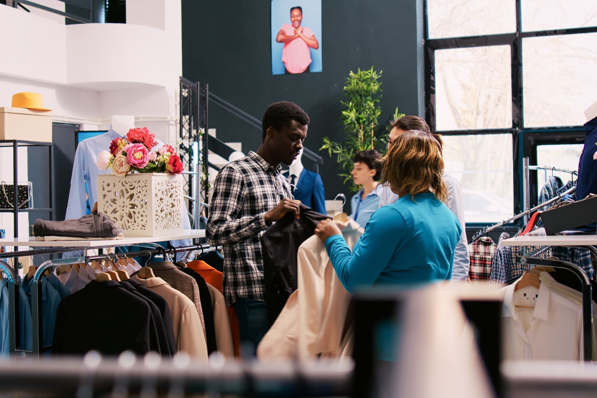Two shoppers talking in a clothing store, with racks of clothes and a cake display nearby