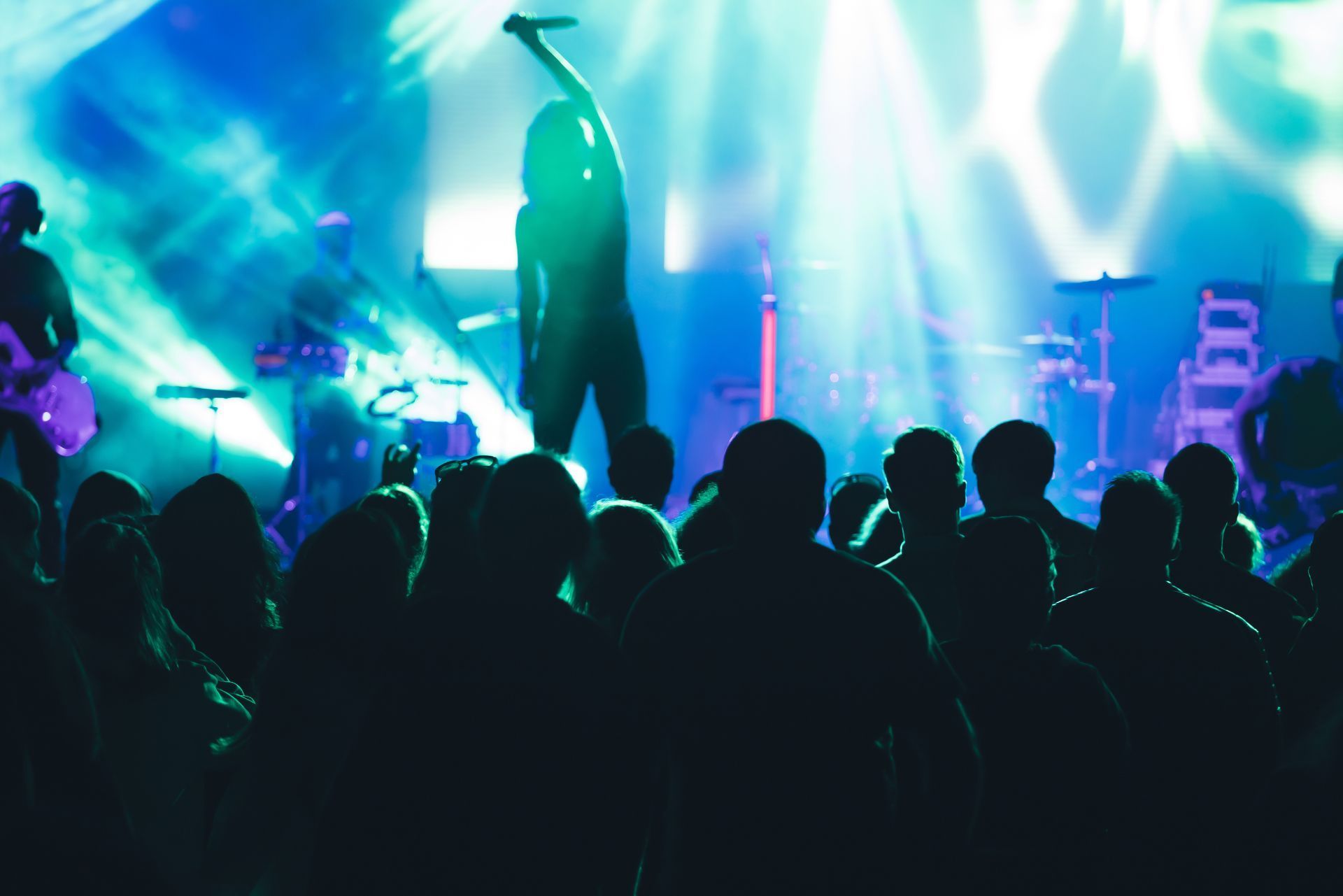 Silhouetted crowd watching a singer on a brightly lit concert stage with blue and purple lights