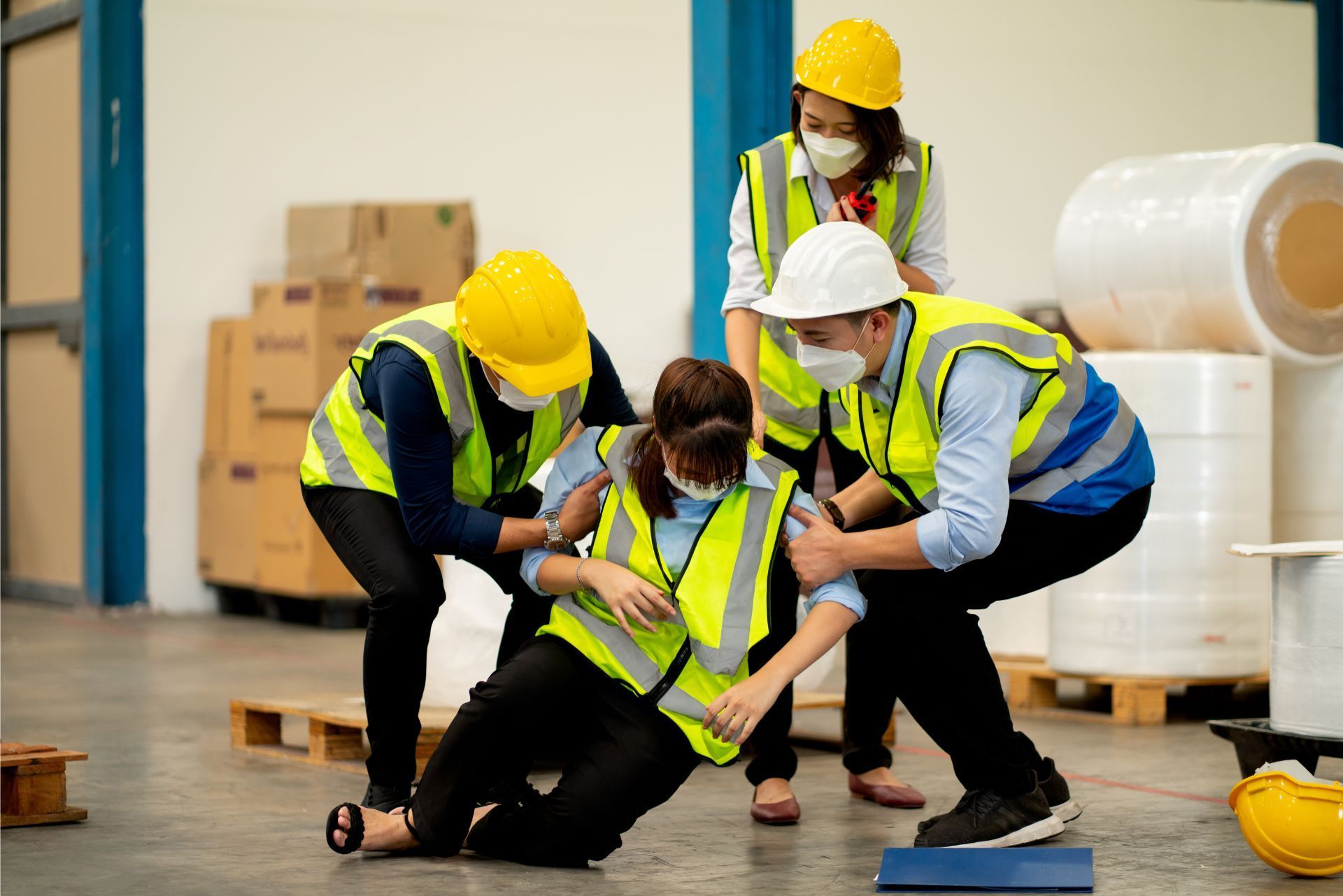 Workers in high-visibility vests and hard hats assisting an injured colleague in a warehouse