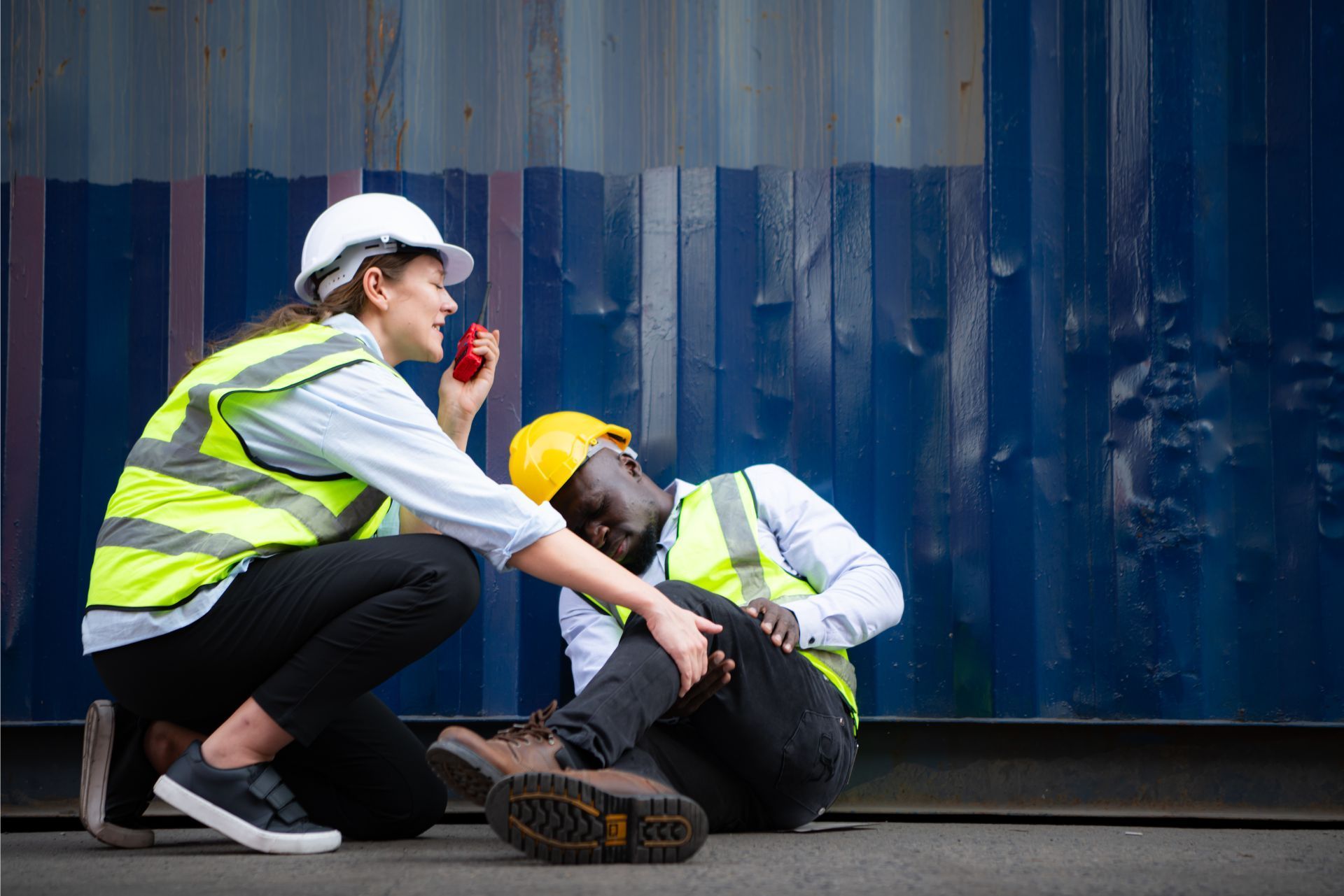 Worker crouching beside an injured colleague in a hard hat against a blue corrugated wall