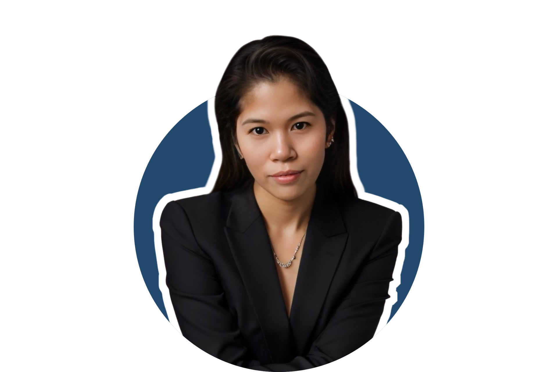 A person wearing a black blazer against a circular dark blue background.