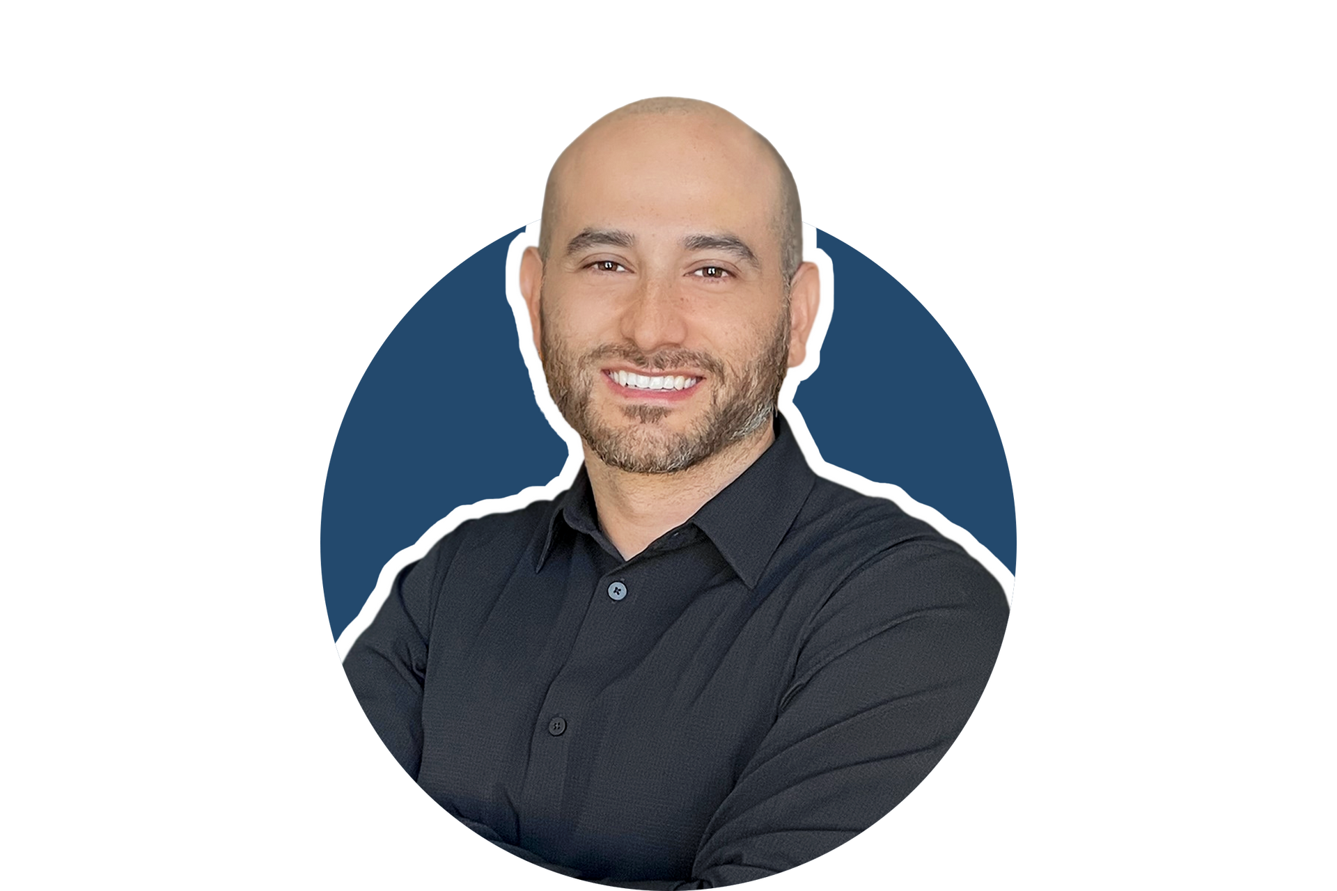 Headshot of a smiling person with a beard wearing a black button-down shirt, set against a dark blue circular background.