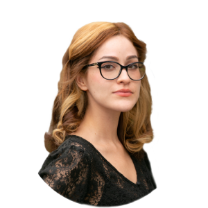 Woman with wavy auburn hair and glasses in a black lace top, facing forward against a white background