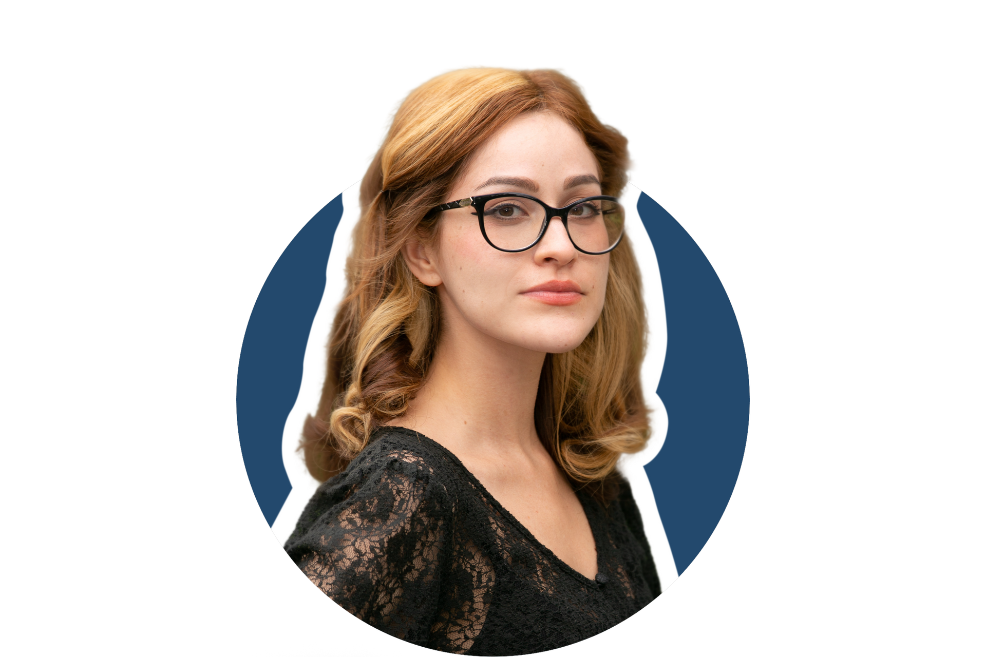 Portrait of a woman with glasses and red hair on a blue circular background
