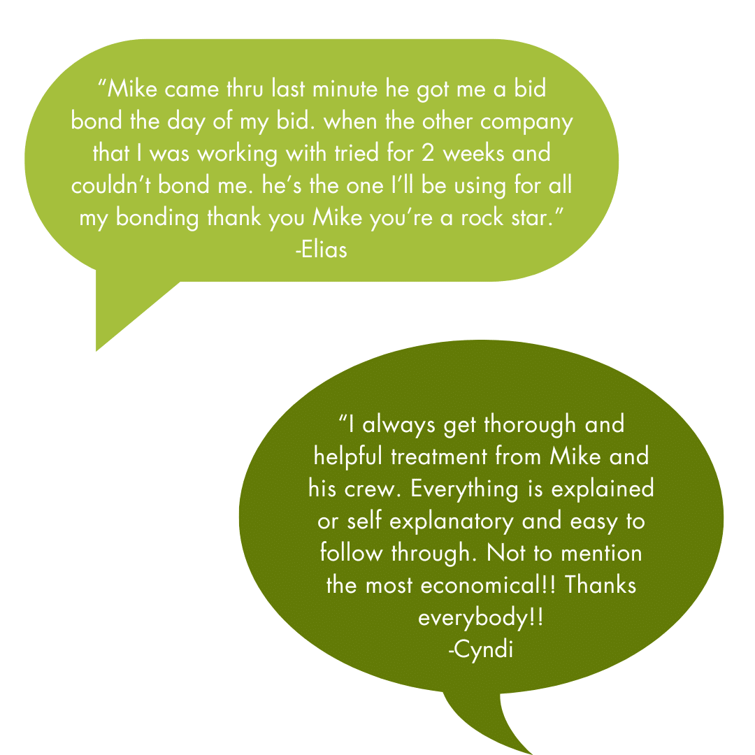 Two green speech bubbles with white testimonial text on a light background.