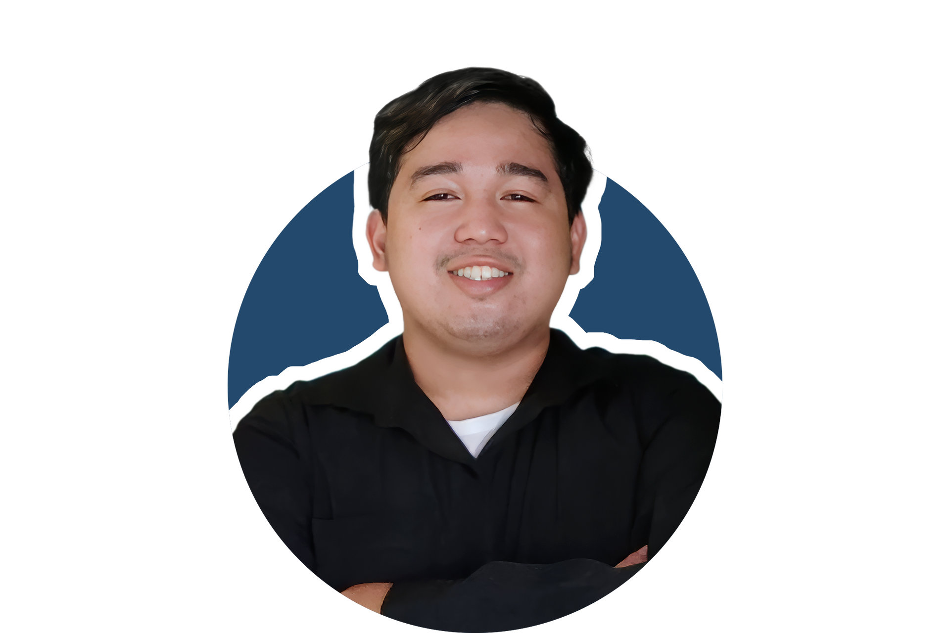 Smiling person in a black shirt with arms crossed, in front of a blue circular background