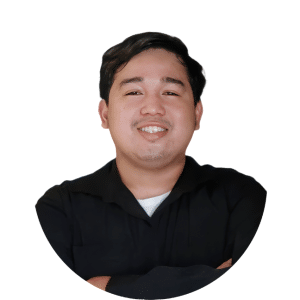 Smiling person in a black shirt on a white background