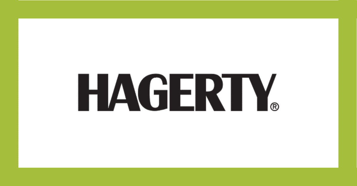 Hagerty logo in black on a white background with a lime-green border