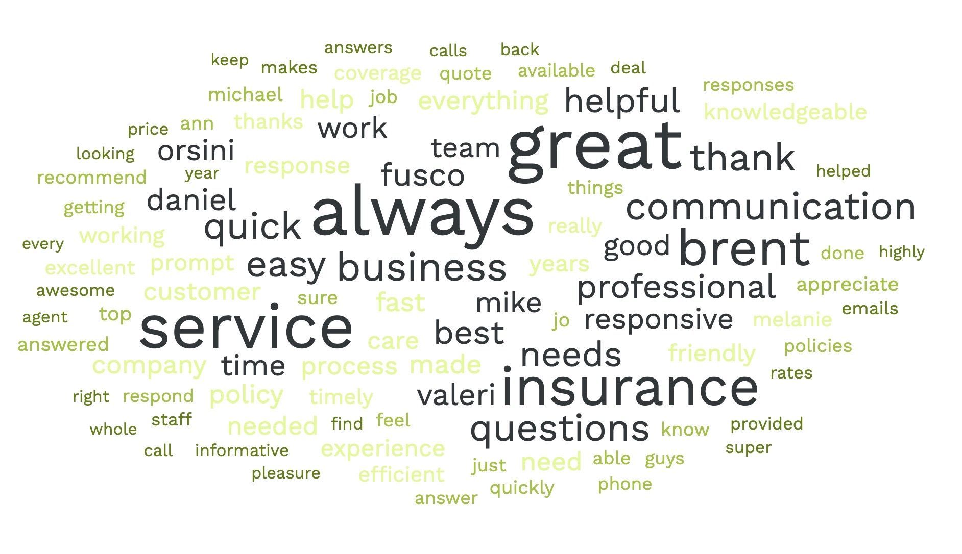 Word cloud of positive customer service terms in black, green, and beige, with “great,” “service,” and “insurance” largest