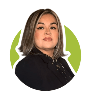 Portrait of a person with shoulder-length hair in a black top against a green circular background