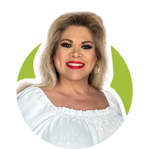 Smiling woman in a white off-shoulder blouse against a white background with green accents