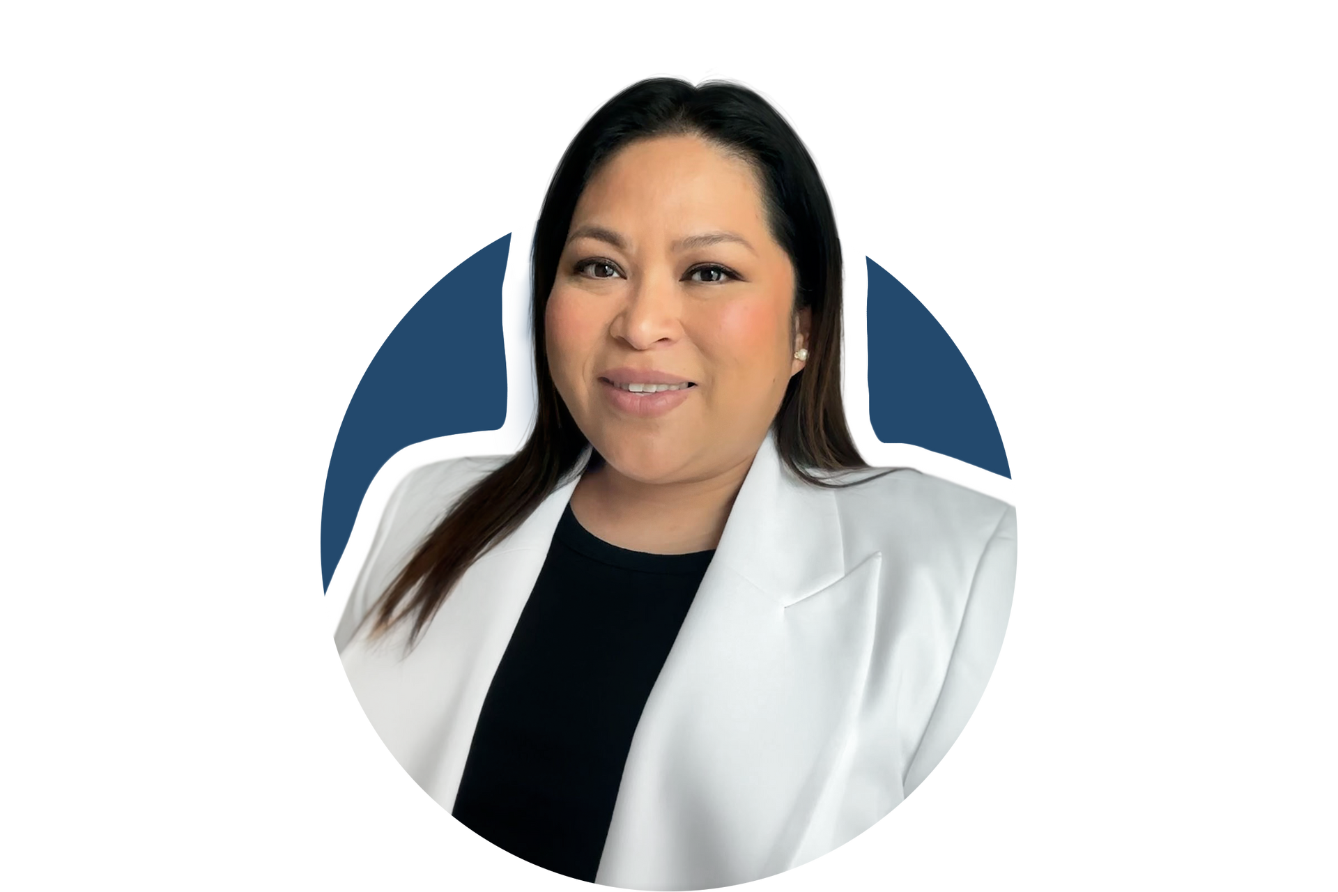 Portrait of a woman in a white blazer against a blue-and-white circular background