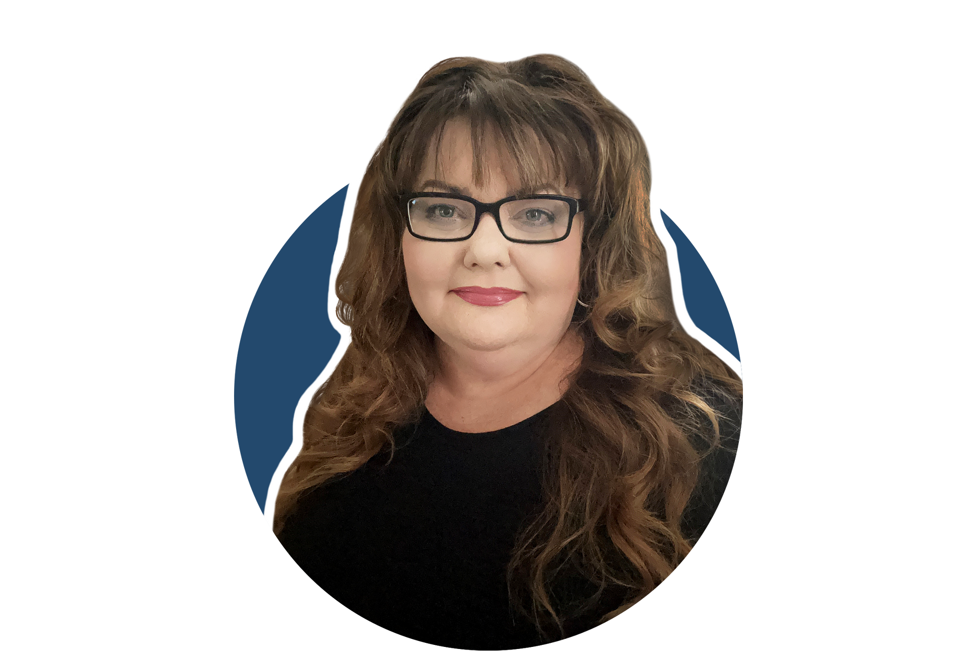 Portrait of a woman with long brown hair and glasses, wearing a black top on a blue-and-white background