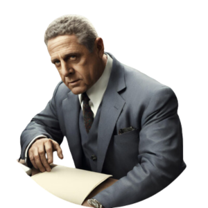 Man in a gray suit leaning over a desk and holding an open folder, looking at the camera.