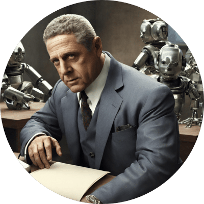 Gray-suited man at a desk with robots in the background, holding papers and looking sternly at the camera