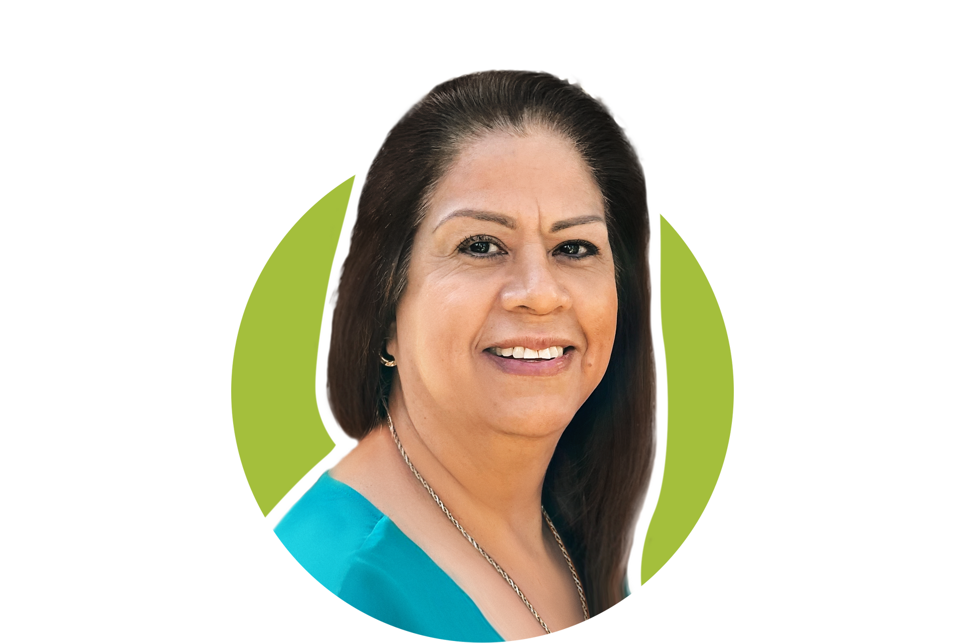 Portrait of a smiling woman in a turquoise top against a white background with a green circle