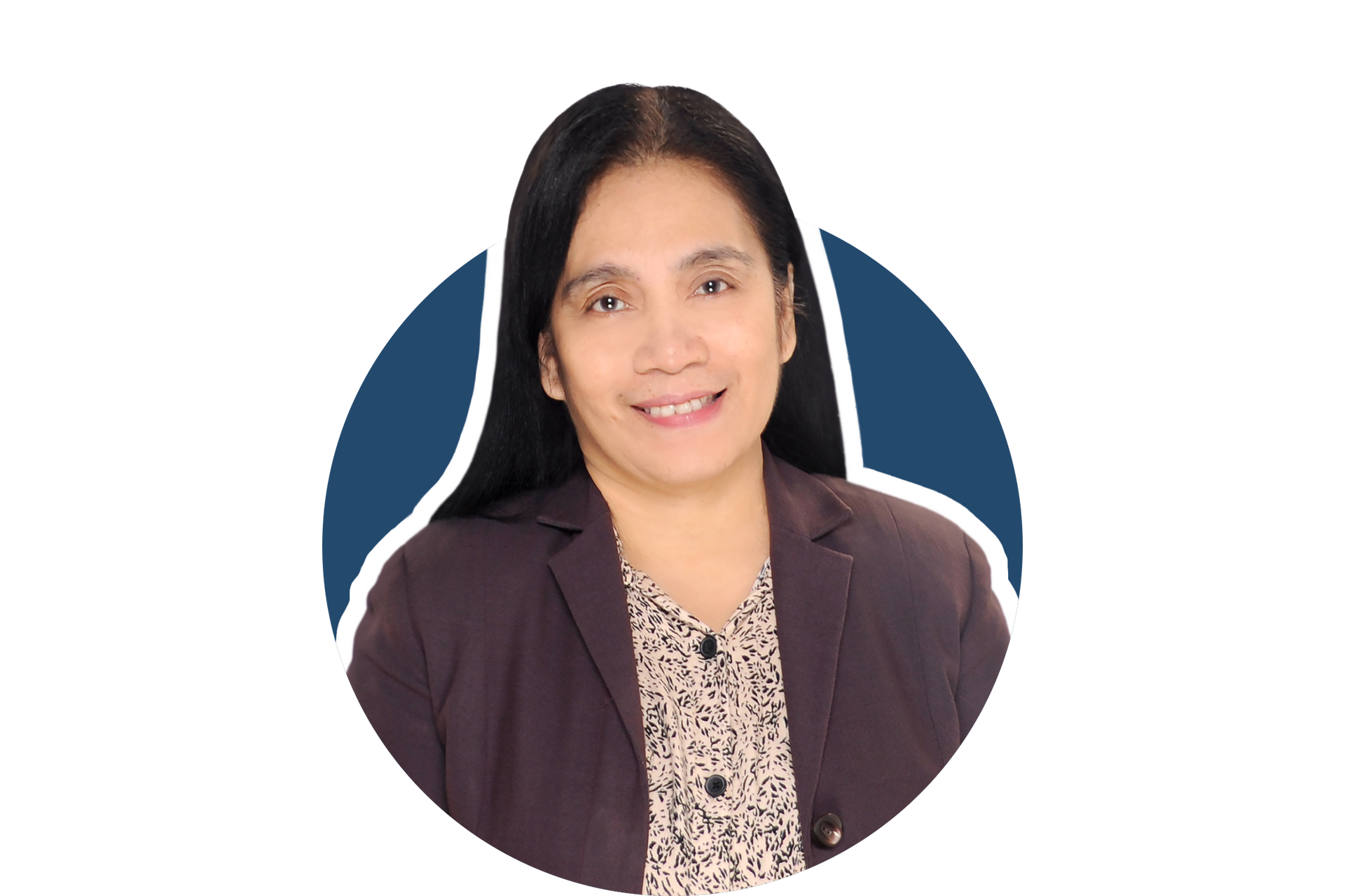 Portrait of a smiling woman in a dark blazer against a blue circular background