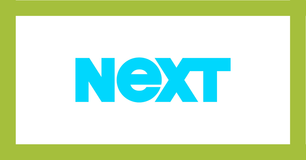 Blue “Next” text on a white panel with a green border