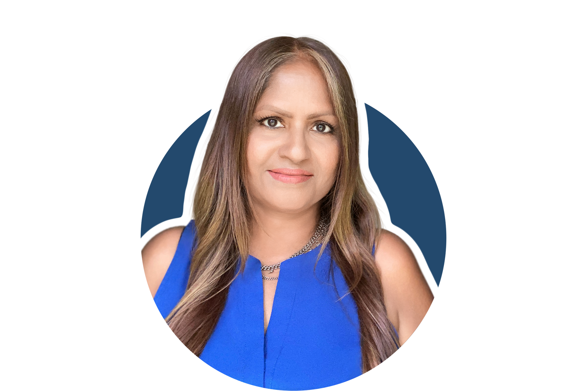 Portrait of a woman in a blue top against a white background with a dark blue arch