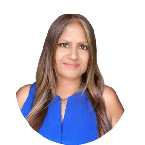 Portrait of a smiling woman in a bright blue top on a white background
