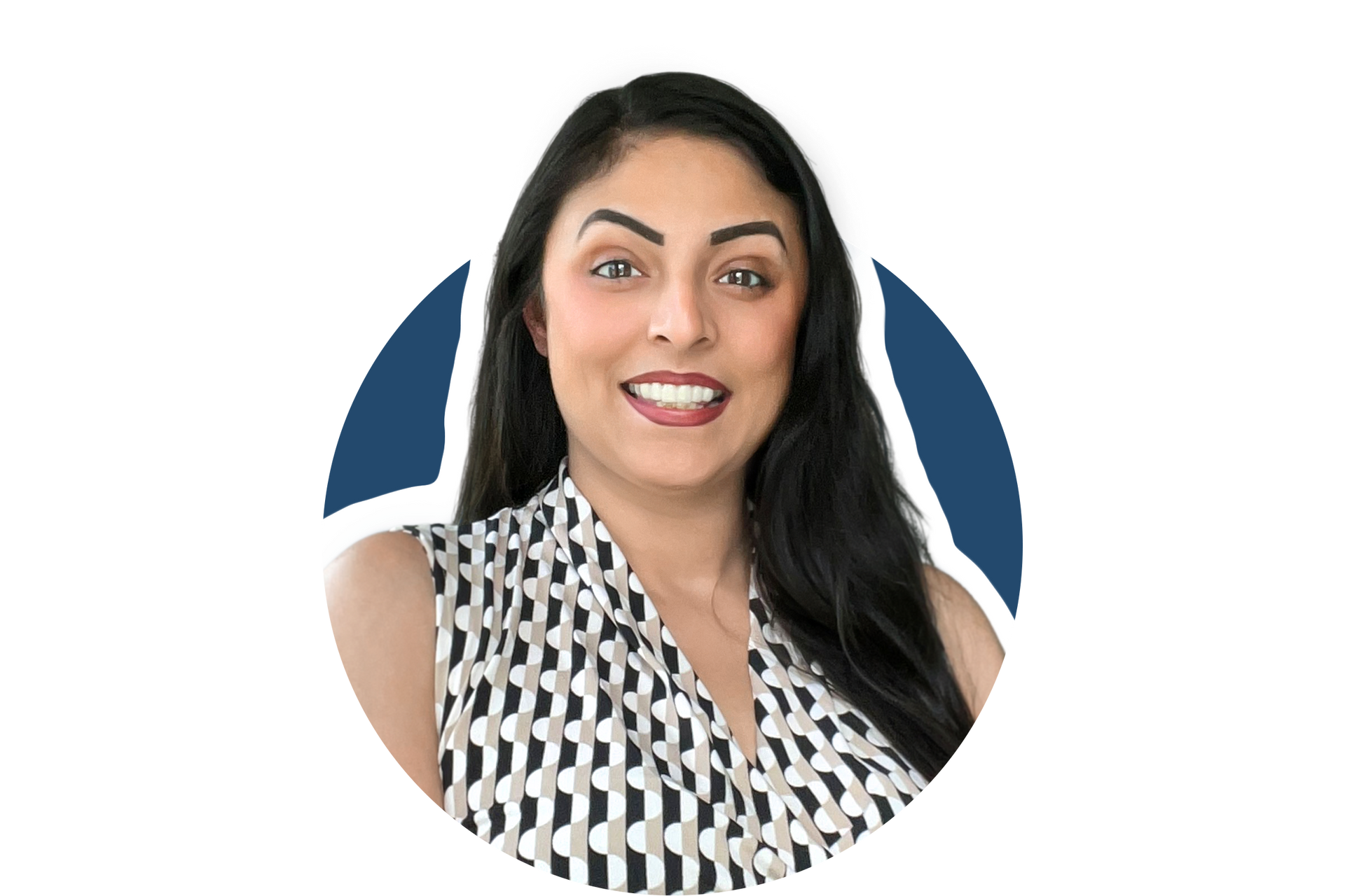 Smiling woman with long dark hair in a black-and-white patterned top on a white background