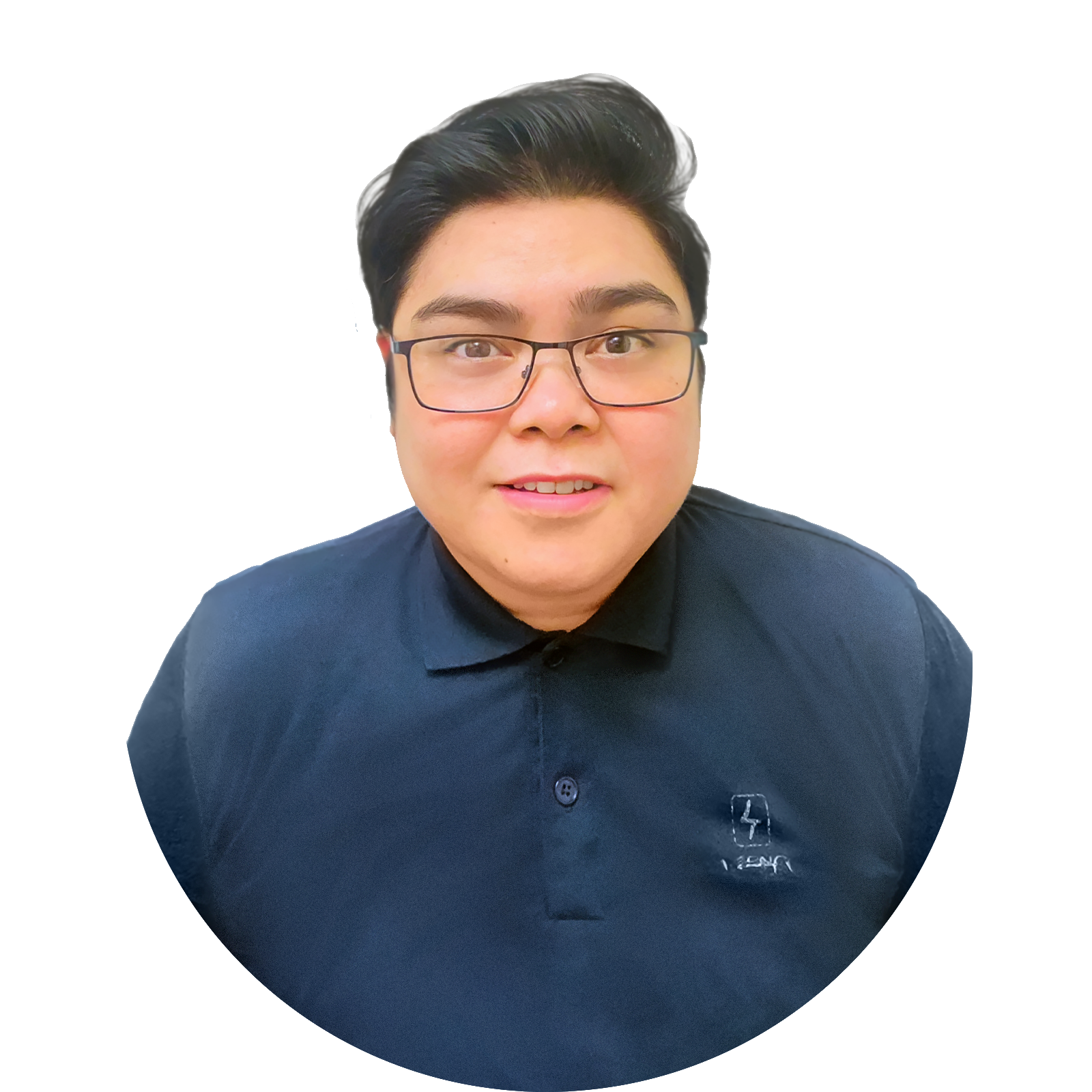 Portrait of a person in a navy shirt and glasses, smiling against a white background