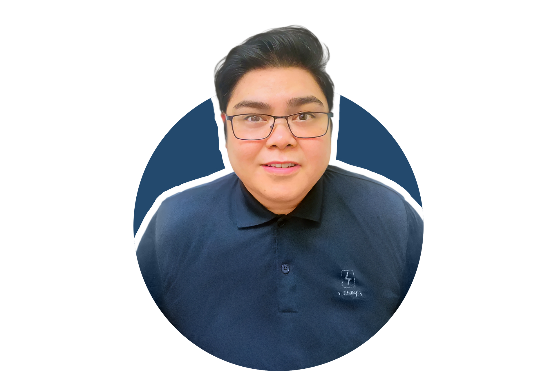 Person in glasses and navy shirt against a white background with a dark blue circular backdrop