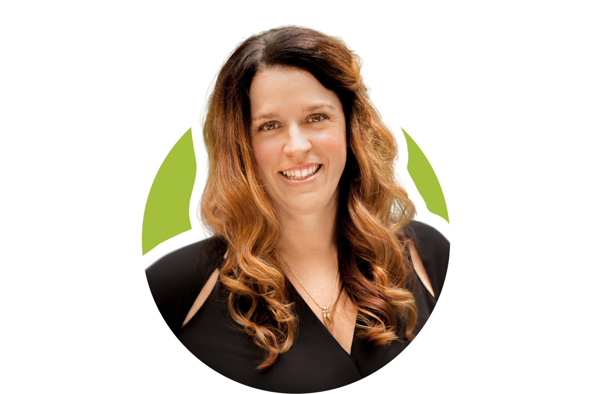 Smiling woman with long wavy hair in a black top on a white background with green curved accents