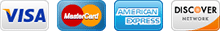 Logos for Visa, Mastercard, American Express, and Discover credit cards.