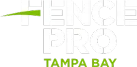 Fence Pro Tampa Bay logo: White text on a green background. Green stroke before 