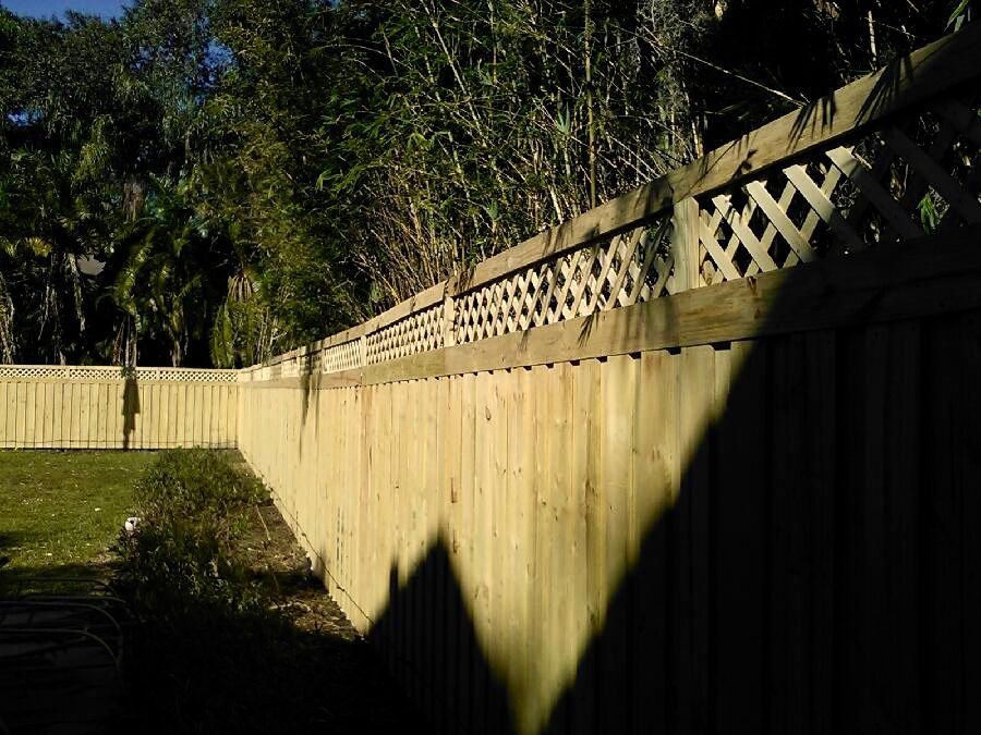 Wooden fence with lattice top, in front of trees.