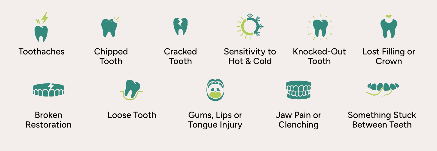 Infographic of various dental tools with labels, including toothbrush, chips tooth, cracked teeth, and smiley teeth.
