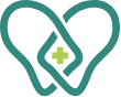 Teal heart-shaped outline with a green medical cross in the center