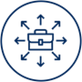 Icono de maletín azul con flechas que apuntan hacia afuera en todas direcciones dentro de un círculo.