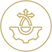 Logotipo dorado de dibujo lineal de un engranaje con una gota de agua y flechas dentro de un círculo.