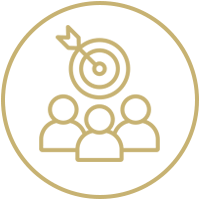 Objetivo de oro sobre un grupo de tres personas delineadas dentro de un borde circular.