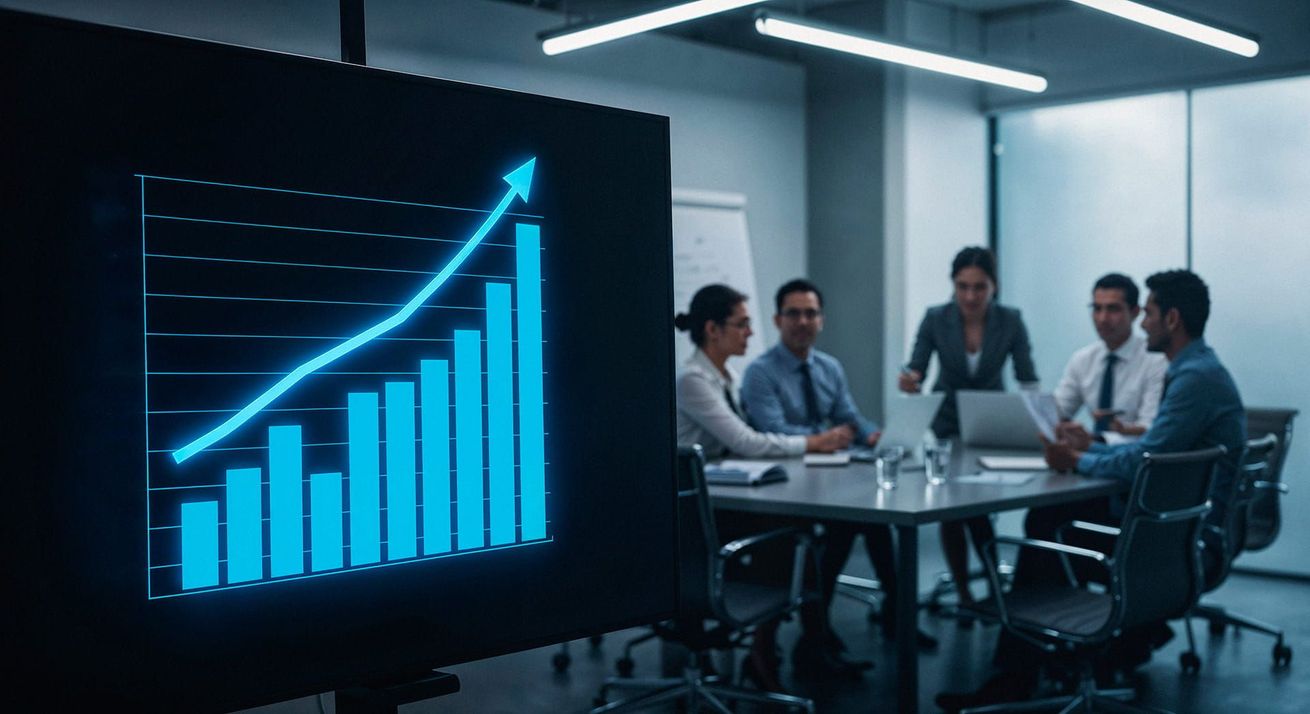 Reunión de equipo en una oficina moderna junto a una gran pantalla que muestra un gráfico de ventas azul ascendente.
