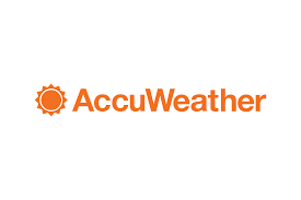The accuweather logo is orange and has a sun on it.