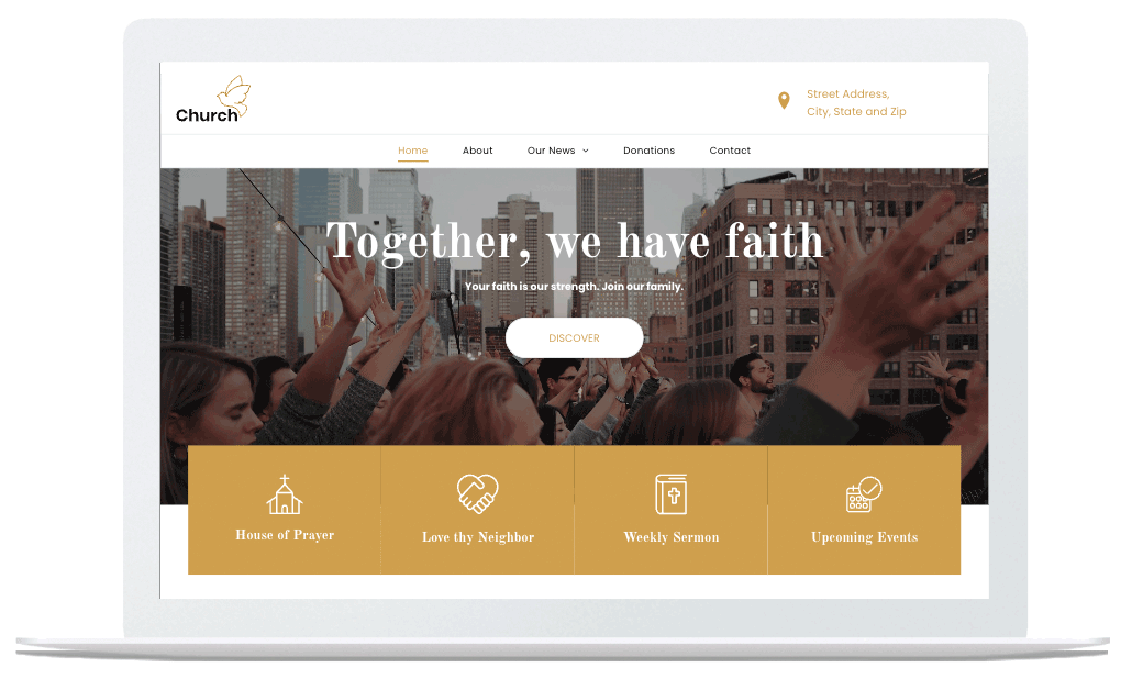 A laptop computer is open to a website that says `` together , we have faith ''.