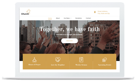 A laptop computer is open to a website that says `` together , we have faith ''.
