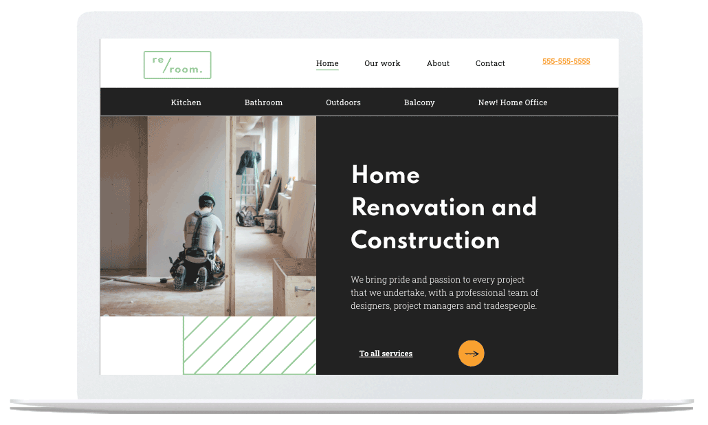 A laptop is open to a home renovation and construction website.